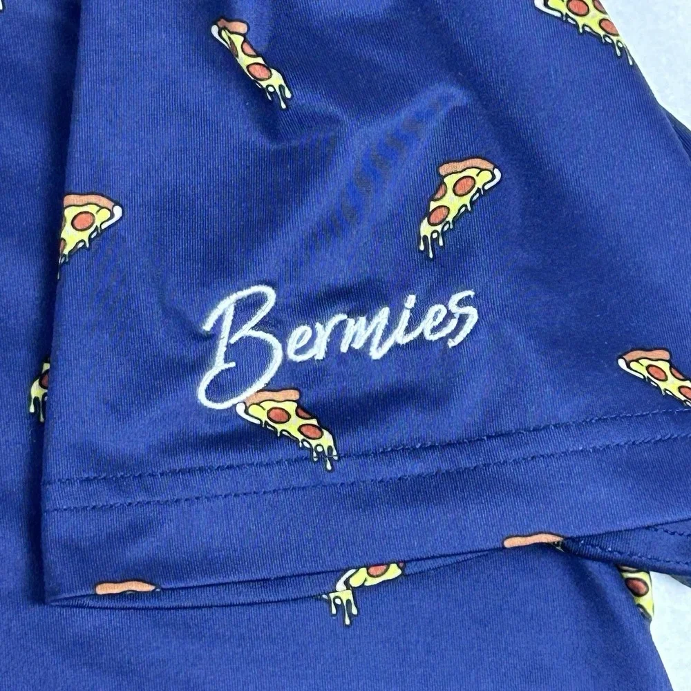 Bermies Polo Shirt Mens XL Blue Pizza All Over Print Golf Performance‎ Whimsy